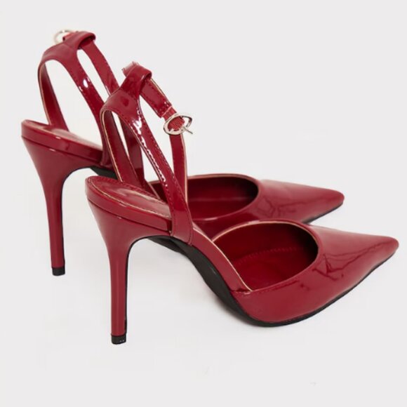 PrettyLittleThing Cherry Red Burgundy Patent Ankle Strap High Heeled Courts - Picture 2 of 8